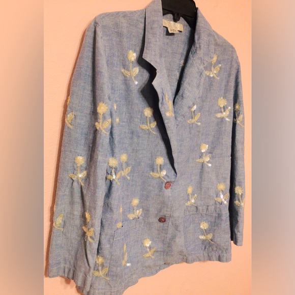 Vintage Susan Starkman lightweight denim flower sequin 2 button jacket medium - Picture 2 of 9